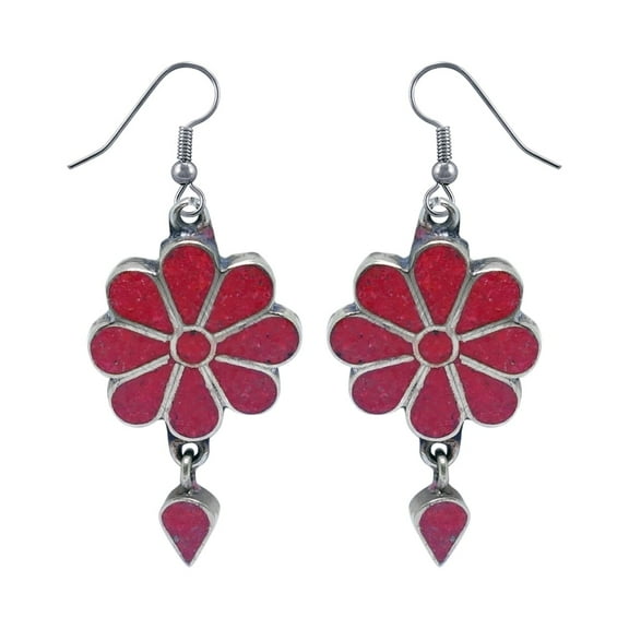 Tibetan Silver 925 Silver Plated Red Coral Flower Earrings Handmade Ethnic Gypsy Jewelry for Women