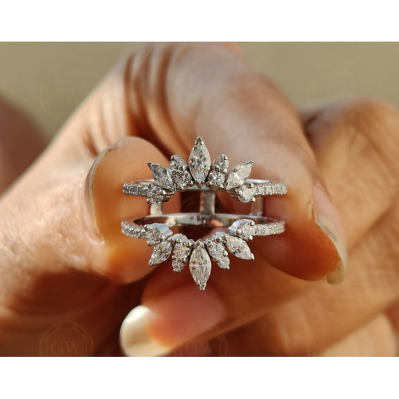 Bluebell Jewels Marquise & Round Cut CZ 14K White Gold Finish Silver Wrap Enhancer Guard Ring