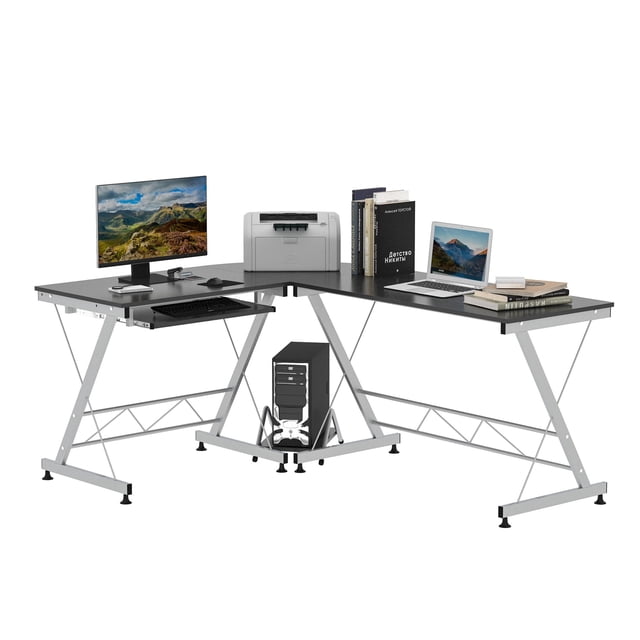 L-Shaped Computer Desk, Corner Table with Keyboard Tray for PC Laptop Desktop, Workstation Stand Home Office Furniture