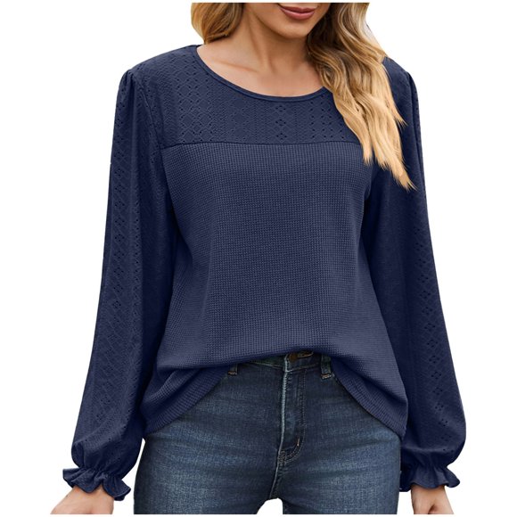 aidice Womens Tops Casual Round Neck Long Sleeve Ruffle Loose Shirts Comfy Solid Color Blouses Tops