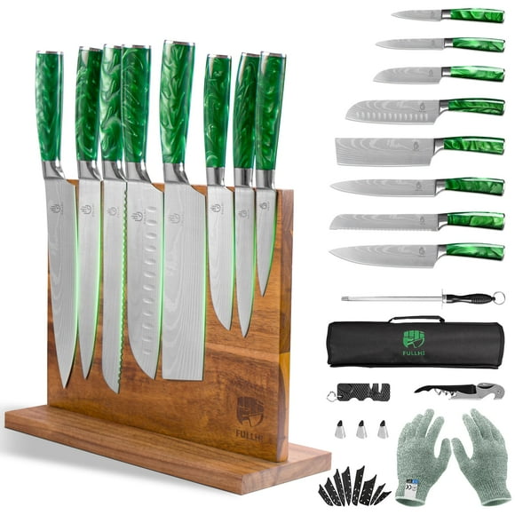 FULLHI 15pcs Japanese Knife Set with Magnetic Knife Block Holder, Japan Stainless Steel Blades, Green Resin Ergonomic Handles for Professional and Home Cooking