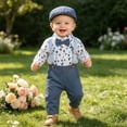 thumbnail image 2 of oelaio Baby Boy Suit Gentleman Outfit Clothes Set Infant Long Sleeve Dress Shirt+Suspender Pants+Bowtie+Beret Hat Navy 18-24 Months, 2 of 7