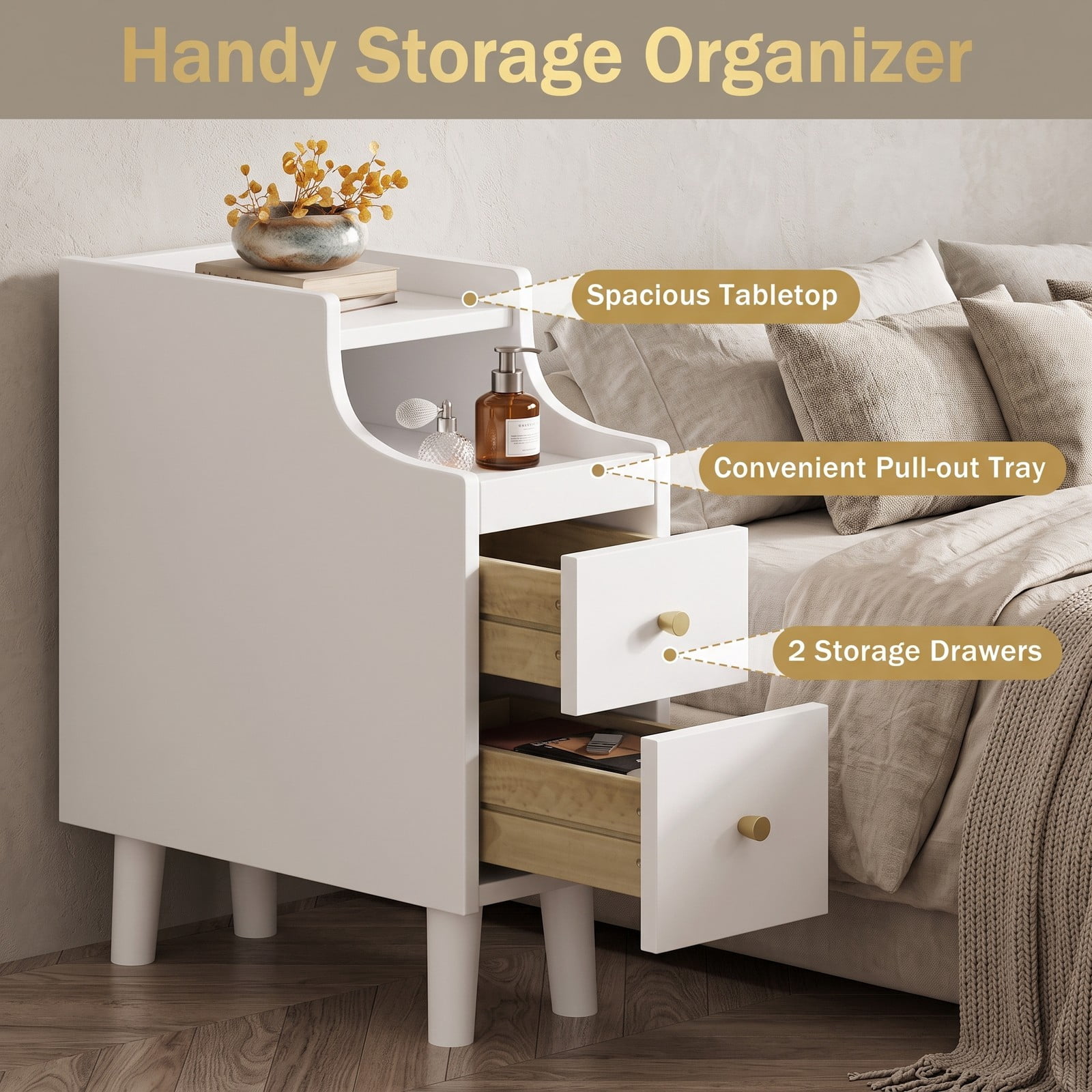 Furnibear Set of 2 Solid Rubber Wood Nightstands with Pull-out Tray and 2 Storage Drawers for Bedroom Living Room and Small Spaces, White