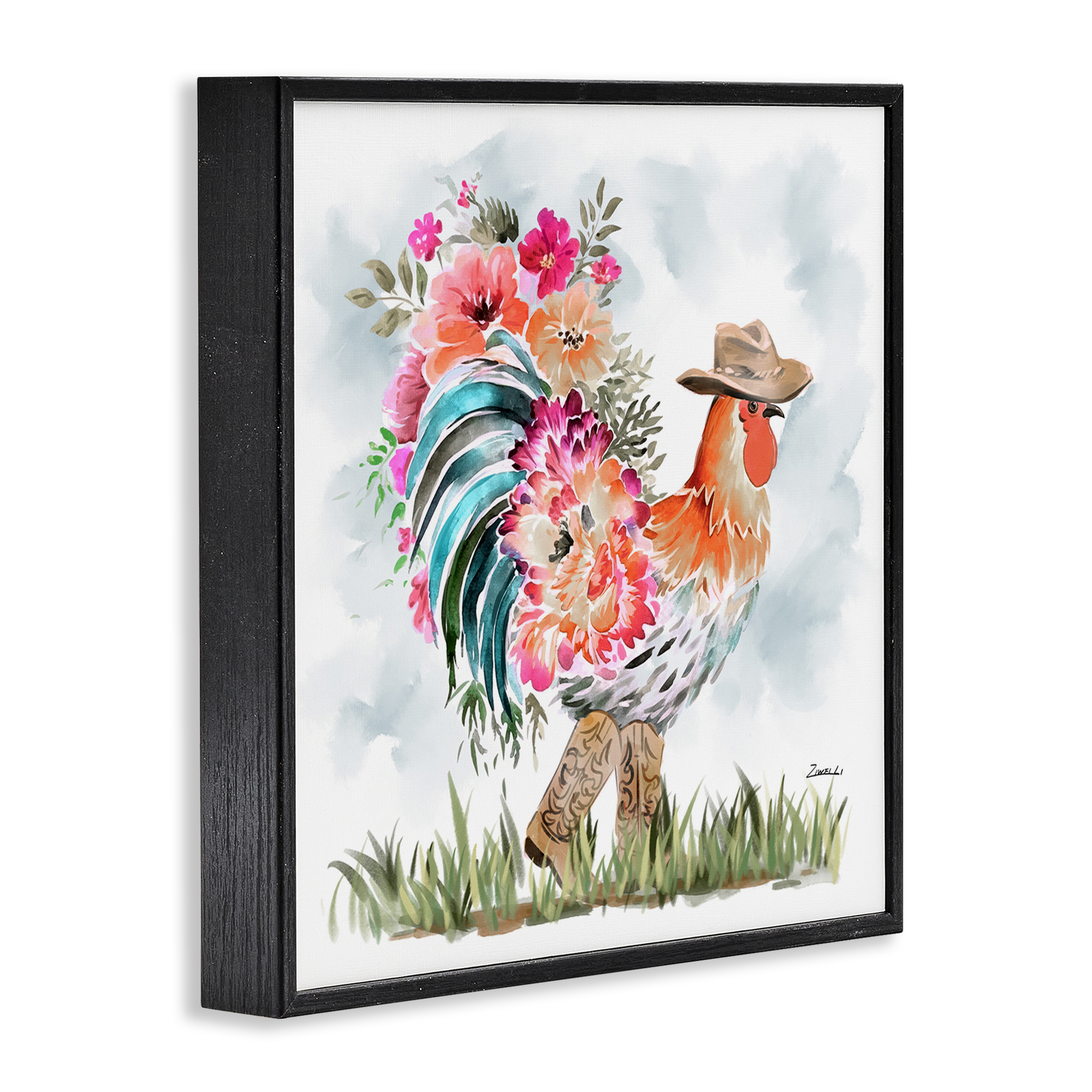 Stupell Industries Blooming Cowgirl Hen Animals & Insects Painting Black Framed Art Print Wall Art, 17 x 17