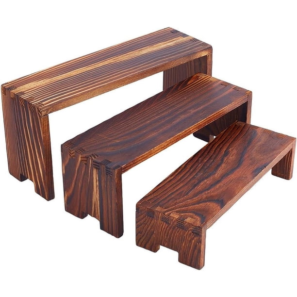 Exhibidores de madera de 3 niveles, 3 tamaños, sin acabado, estantes rectangulares de madera para joyería, vitrina desmontable