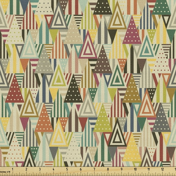 Abstract Triangle Sofa Upholstery Fabric by the Yard, Striped and Polka Dotted Motifs in Upside Down Geometric Elements, Decorative Fabric for DIY Home Accents, 10 Yards, Beige Multicolor by Ambesonne