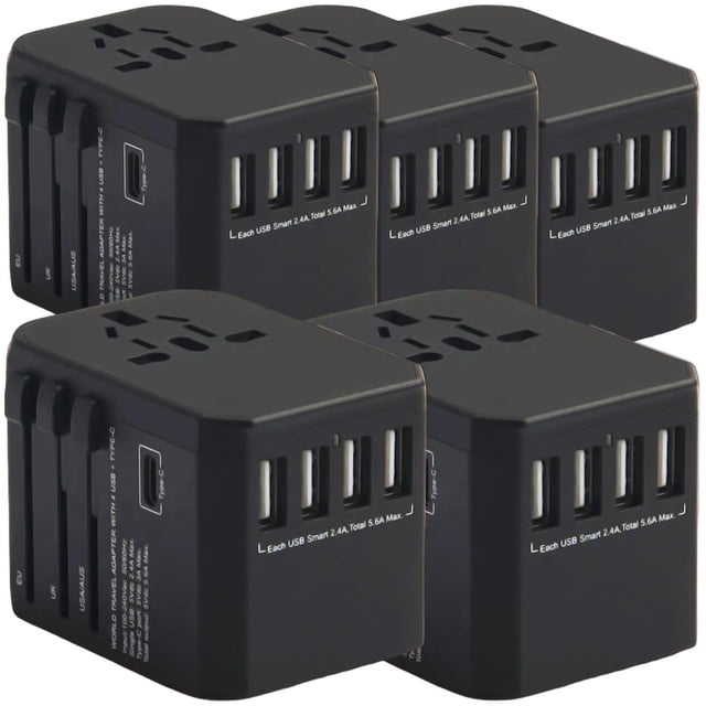 Adaptador Mundial TravelXpertBlack 5Pzas 100-240V 50-60Hz 5V 5.6A EU/UK/USA/ AUS Negro.