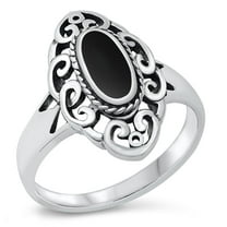 CHOOSE YOUR COLOR Wide Long Simulated Black Onyx Filigree Ring .925 Sterling Silver Band CZ Female Size 5
