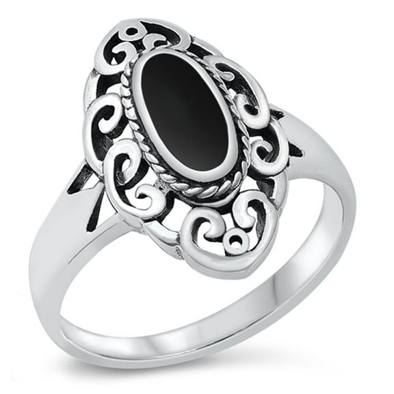 CHOOSE YOUR COLOR Wide Long Simulated Black Onyx Filigree Ring .925 Sterling Silver Band CZ Female Size 5