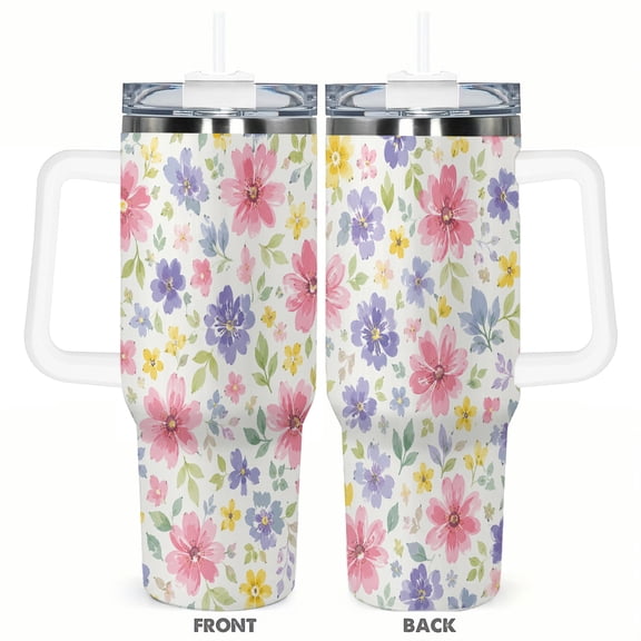 Watercolor Wildflower 40oz Insulated Tumbler with Handle and Straw Car Cup Holder Travel Coffee Cup Gift