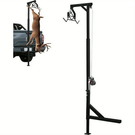 BravoInnovate Hub Hitch Mounted Deer Hoist 600lbs Capacity Truck Hitch Game Hoist Truck Hitch Deer Hoist with Winch Lift and Gambrel Set 74-102 inches Adjustable Height 360 Degrees Swivel