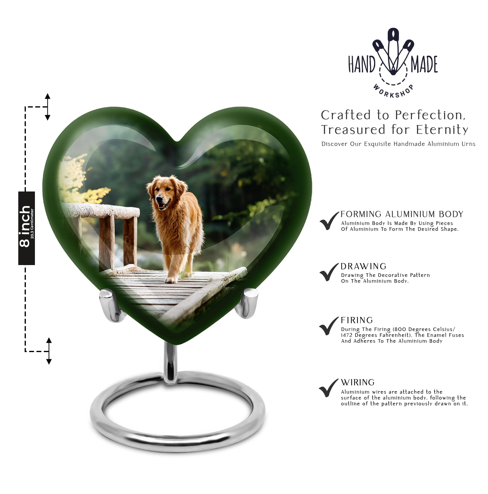 Dogs Heart Urn Memorial Gifts for Men and Women, Pet Burial and Funeral Urns, Ashes Holder for Adults, Large Cremation Urn for Human Ash, Handcrafted Urns, Humans Remain, 10 Inch Tall, Green