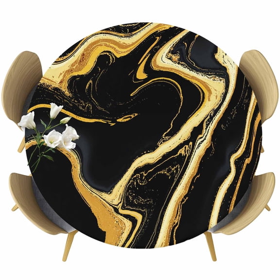 Black Gold Marble Round Tablecloth, Fitted Table Cover with Elastic for 45"-54" Round Tables, Modern Geometric Textured Table Cloth Outdoor Indoor Dinning Party Waterproof Tablecloths