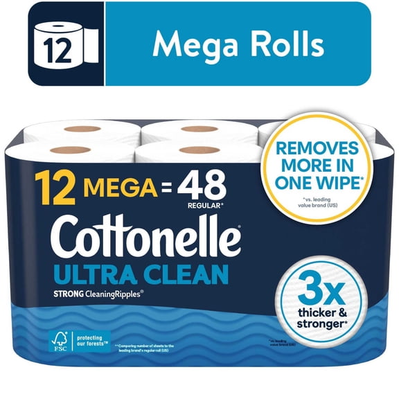 Cottonelle Ultra Clean Toilet Paper, Strong Toilet Tissue, 12 Mega Rolls