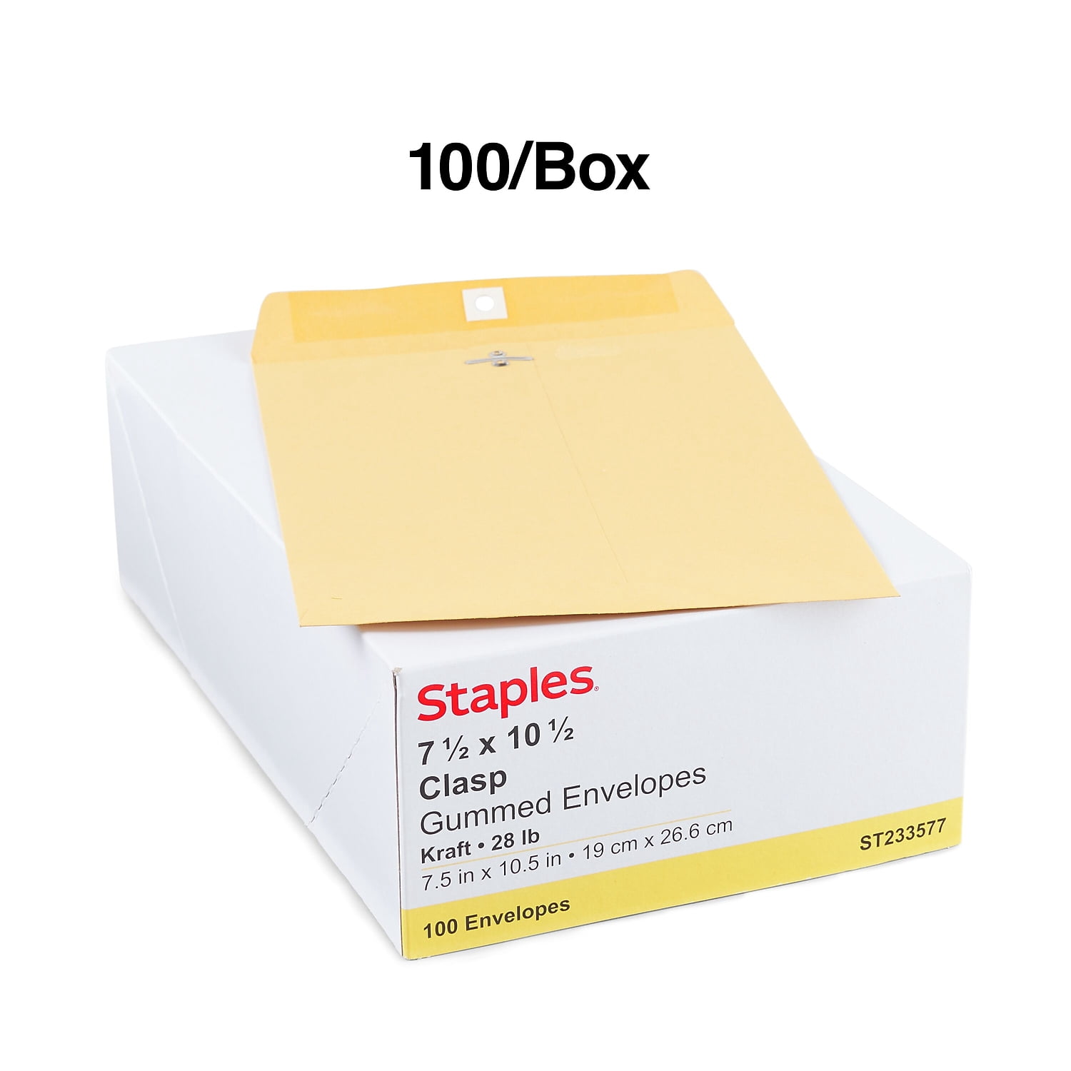 Staples Brown Kraft Clasp 7 1/2" x 10 1/2" Envelopes 100/Box (233577/19268)