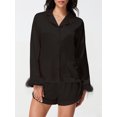 thumbnail image 6 of LMLYSoH Women's Satin Outfits Solid Color Lapel Long Sleeve Tops with Feather Cuffs + Shorts Set Fashion Clothes, 6 of 9