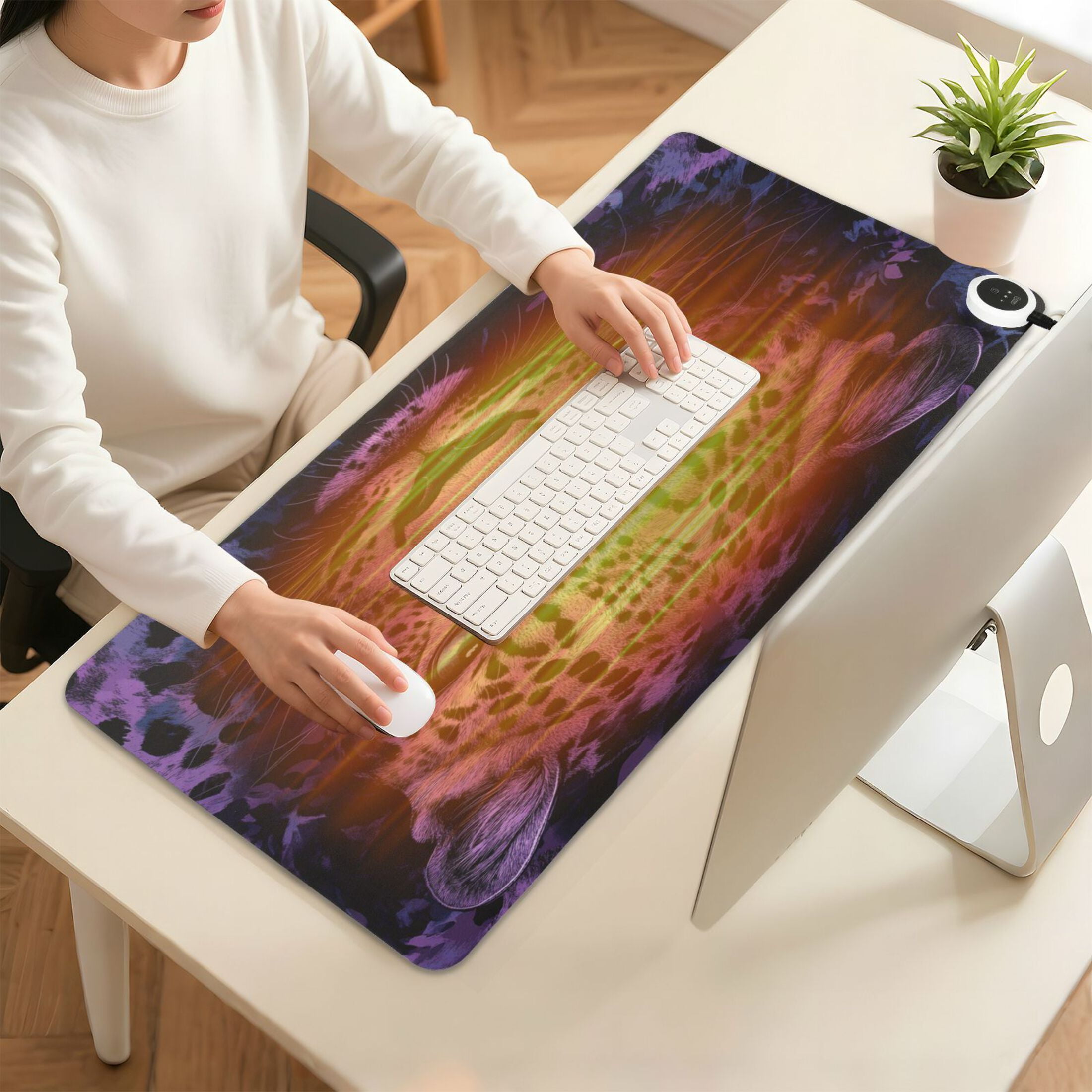 Wobogo Purple Leopard Heated Mouse Pad Extra-Large Desk Mat With 3 Heating Levels and 3-hour Auto Shut-Off Protection Ideal for Computer Keyboards Home Office Hand-warming Essential 31.5in × 13in