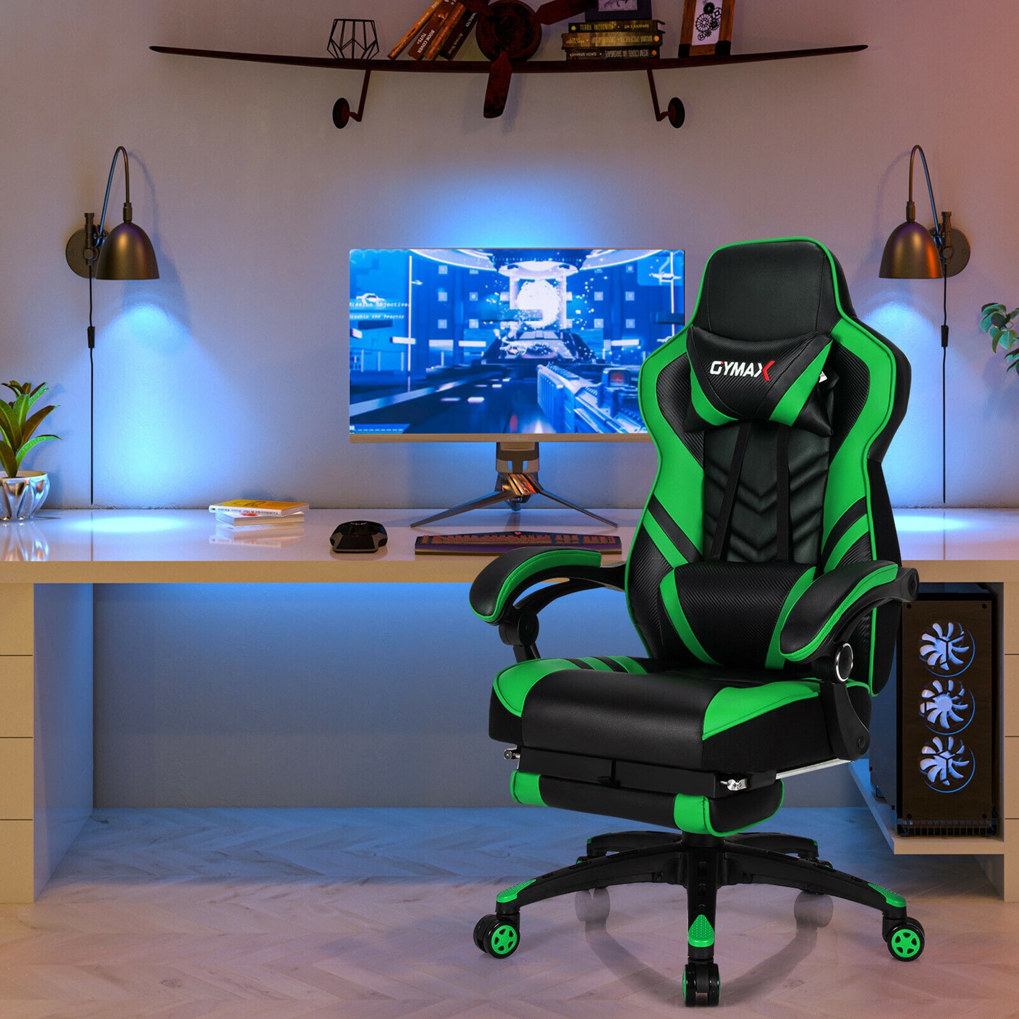 Gymax Office Computer Desk Chair Gaming Chair Adjustable Swivel w/Footrest Green