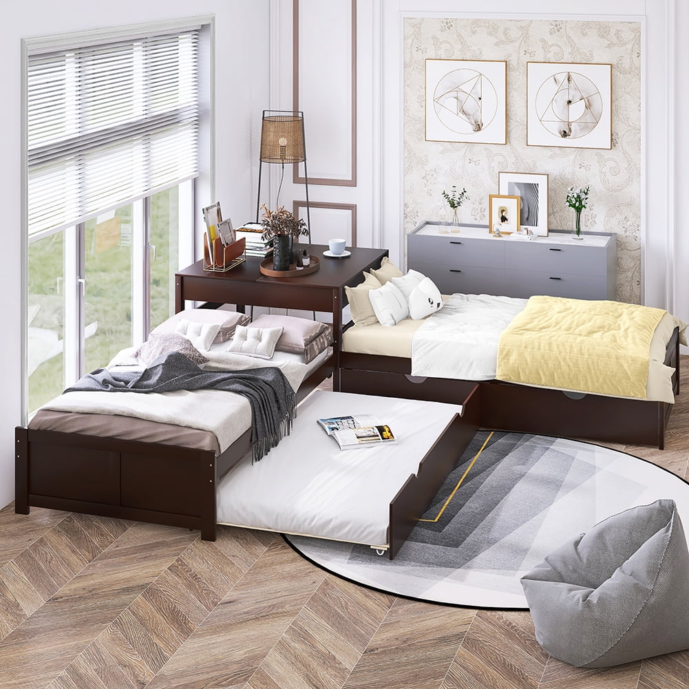 Kadyn L-shaped Platform Bed with Two Trundles and Built-in Square Table,Espresso Kadyn L-shaped Platform Bed with Two Trundles and Built-in Square Table,Espresso