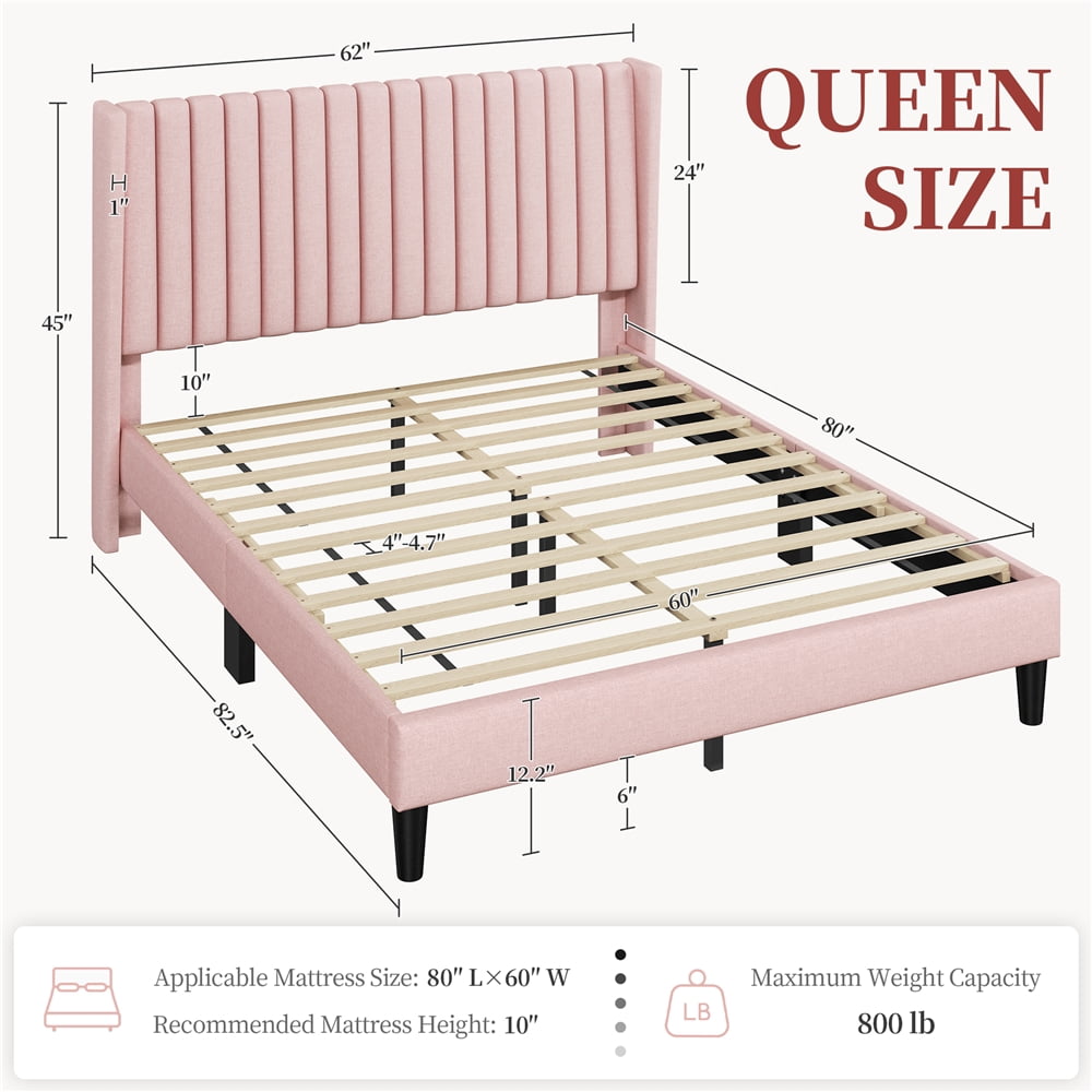 Yaheetech Upholstered Platform Bed Frame with Channel Tufted Headboard, Queen, Pink