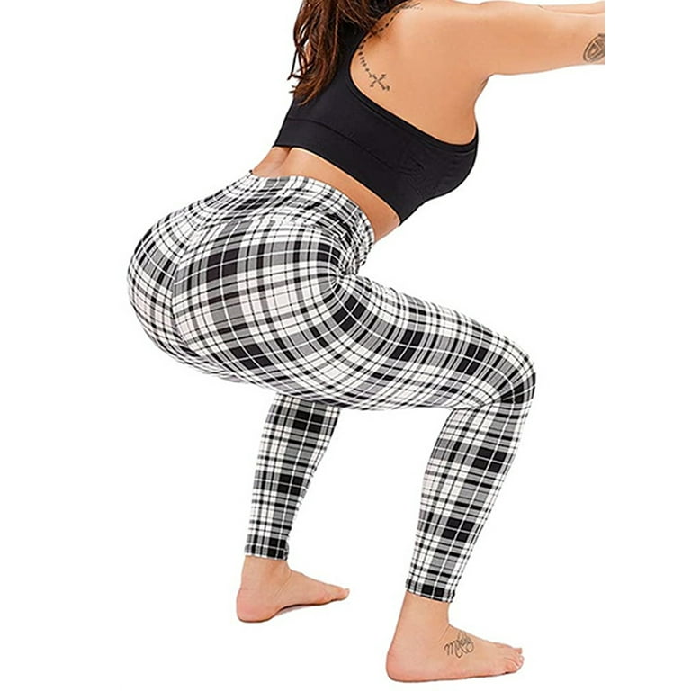 Frontwalk Ladies Tight High Waist Yoga Leggings Plaid Printed Stretchy  Tights Women Color Stitching Jogging Pants