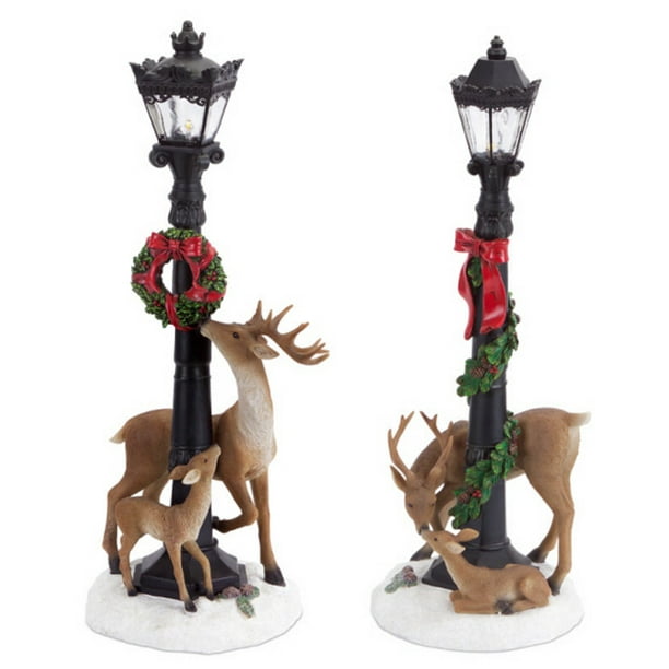 Set of 2 Antique-Style Lighted Lamp Post with Reindeer and Garland