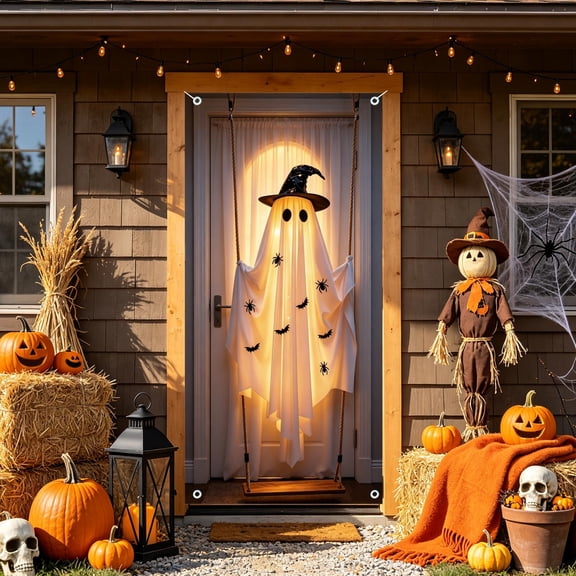 71 inch Halloween Ghost Swing Door Cover, Hanging White Ghost Swing Curtain with Witch Hat Spiders Bats, Fall Door Curtain Hanging Wall Decor for Front Door Wall Festival Party Home