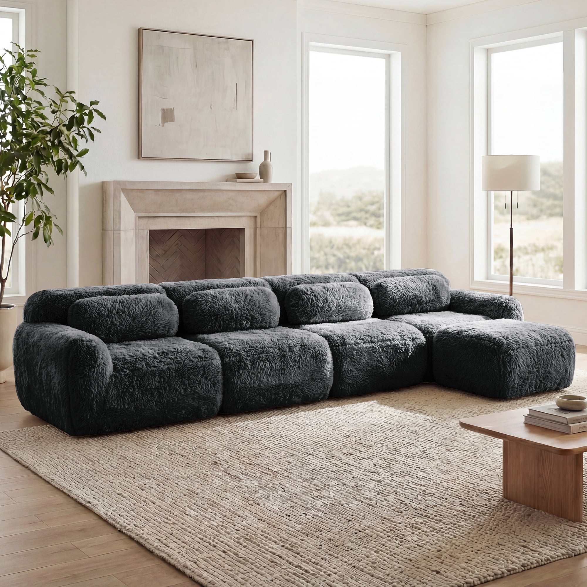 Anpport 149'' L-shaped 4-Seater Modular Sectional Sofa Couches, Soft Fluffy Plush Fabric with Throw Pillows, Movable Ottoman, for Living Room, Apartment & Bedroom, Drak Grey