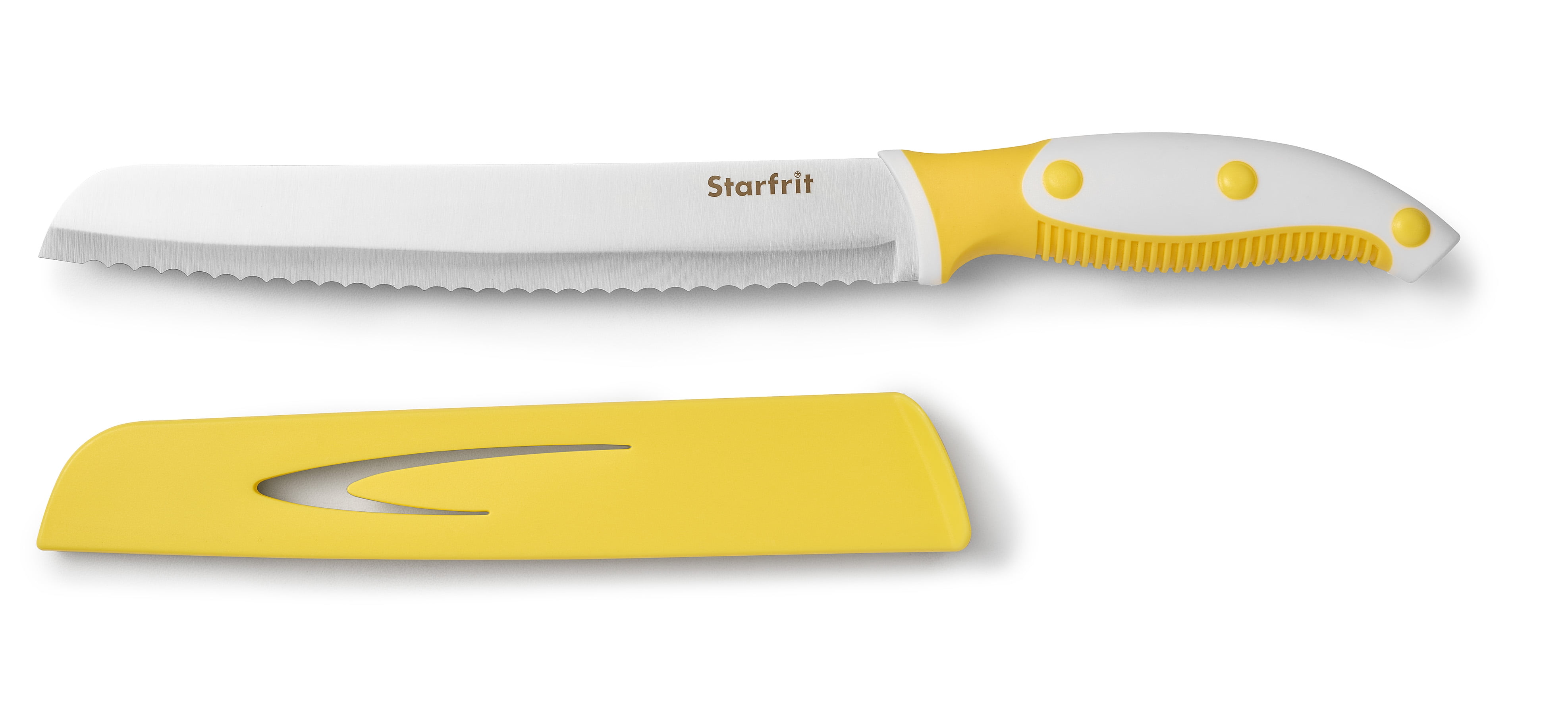 Starfrit 8-Inch Bread Knife - Efficient Serrated Blade with Protective Cover - Non-Stick Coating - Yellow & White