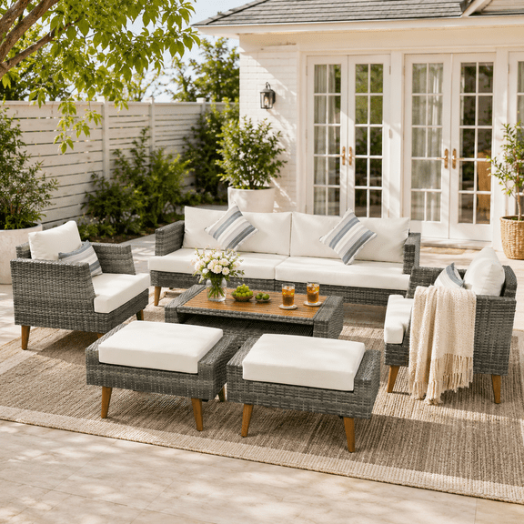Highsound 6 Pieces Patio Furniture Set with Coffee Table, All Weather Outdoor Conversation Set with Cushions, Wood Legs & Table Top, for Garden, Poolside, Backyard, Gray Wicker