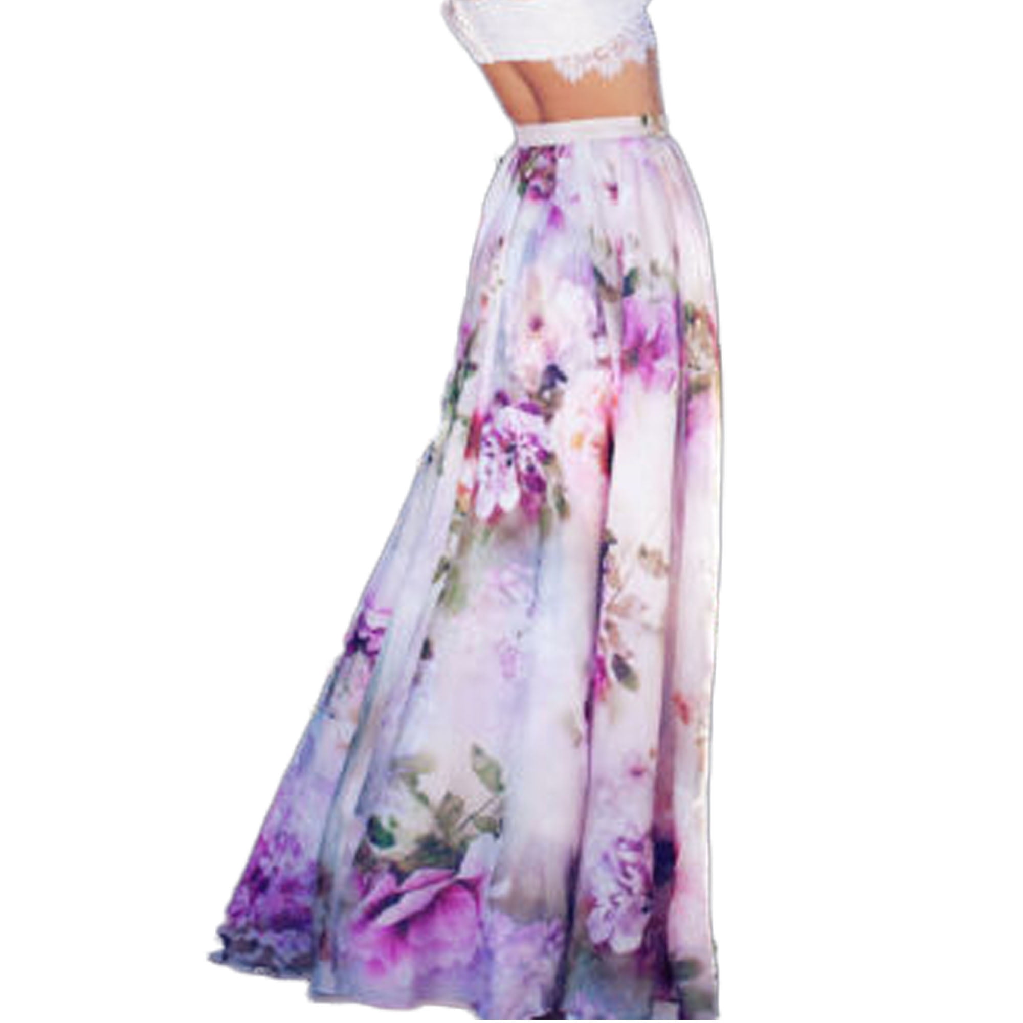 FINELOOK Summer Women Chiffon Floral Full Skirt Evening Party Long Maxi