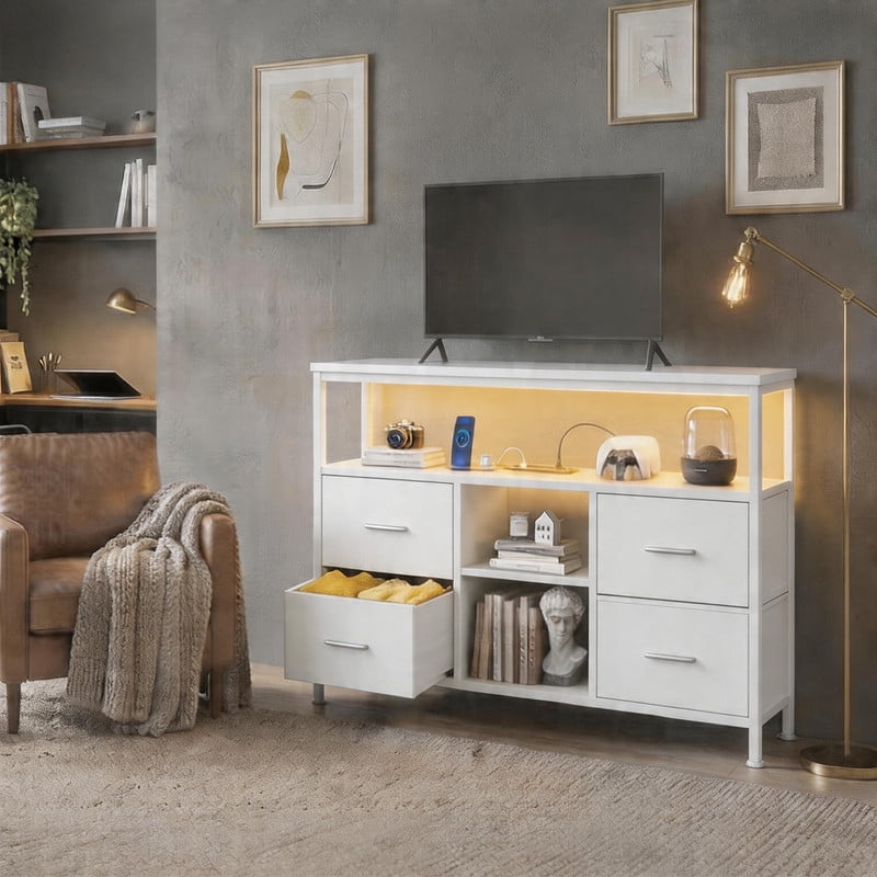 Betcozy TV Stand with LED Lights, Modern Entertainment Center with 4 Storage Drawers, 43" Media Console for Bedroom & Small Spaces, 1.5mm Heavy-Duty Frame, White
