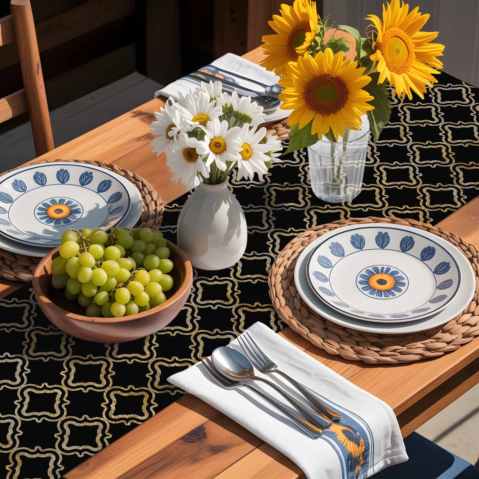 Abstract Geometric Table Runner 18x72 Inch Modern Gold and Black Retro Plaid Texture Cotton Linen Dining Table Runner Ideal for Dresser Kitchen Coffee Tables - Machine Washable