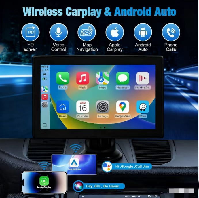 7" Portable Wireless CarPlay Screen for Car – Apple CarPlay & Android Auto, HD Touch Screen Car Stereo, Bluetooth, GPS Navigation, Voice Control, Plug-and-Play with FM/AUX/Mirror Link (Black)