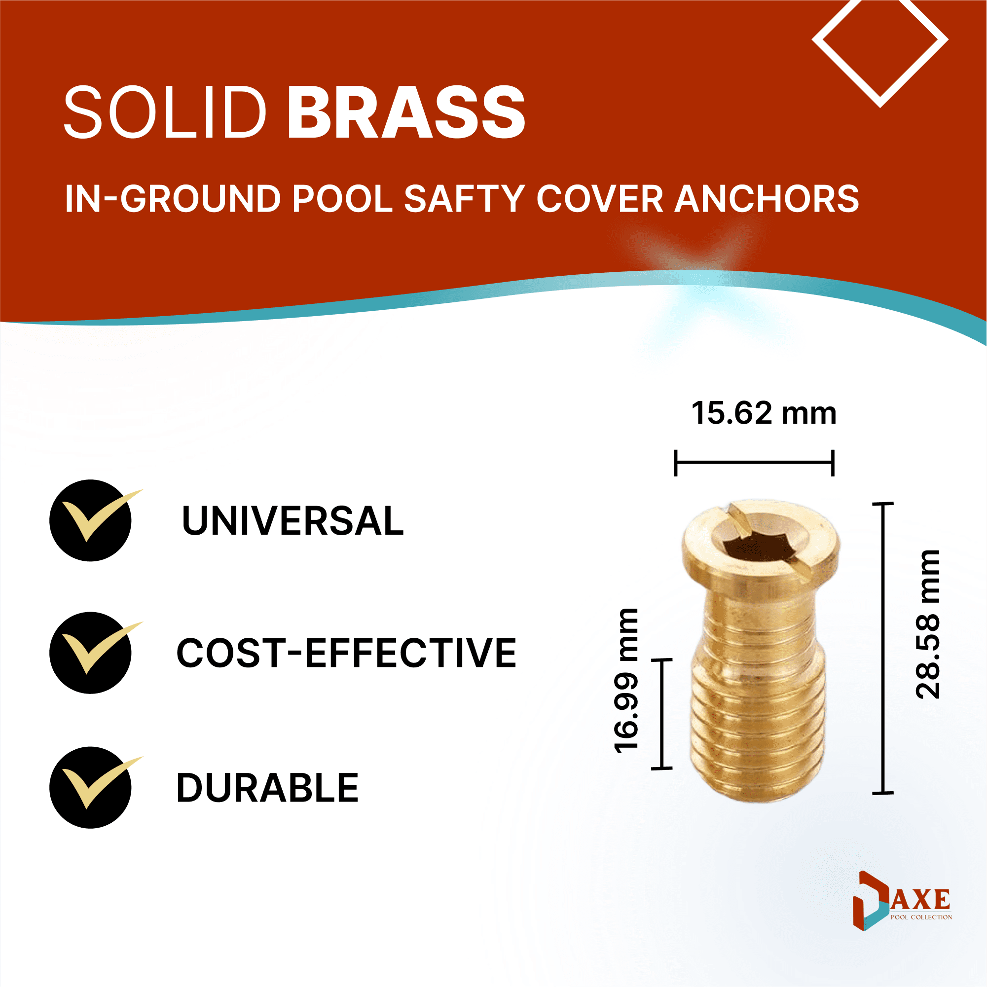 AXE Pool Collection Universal Threaded Brass Insert Screw Bolt, 9/16" x 1-1/8", 25 Pack