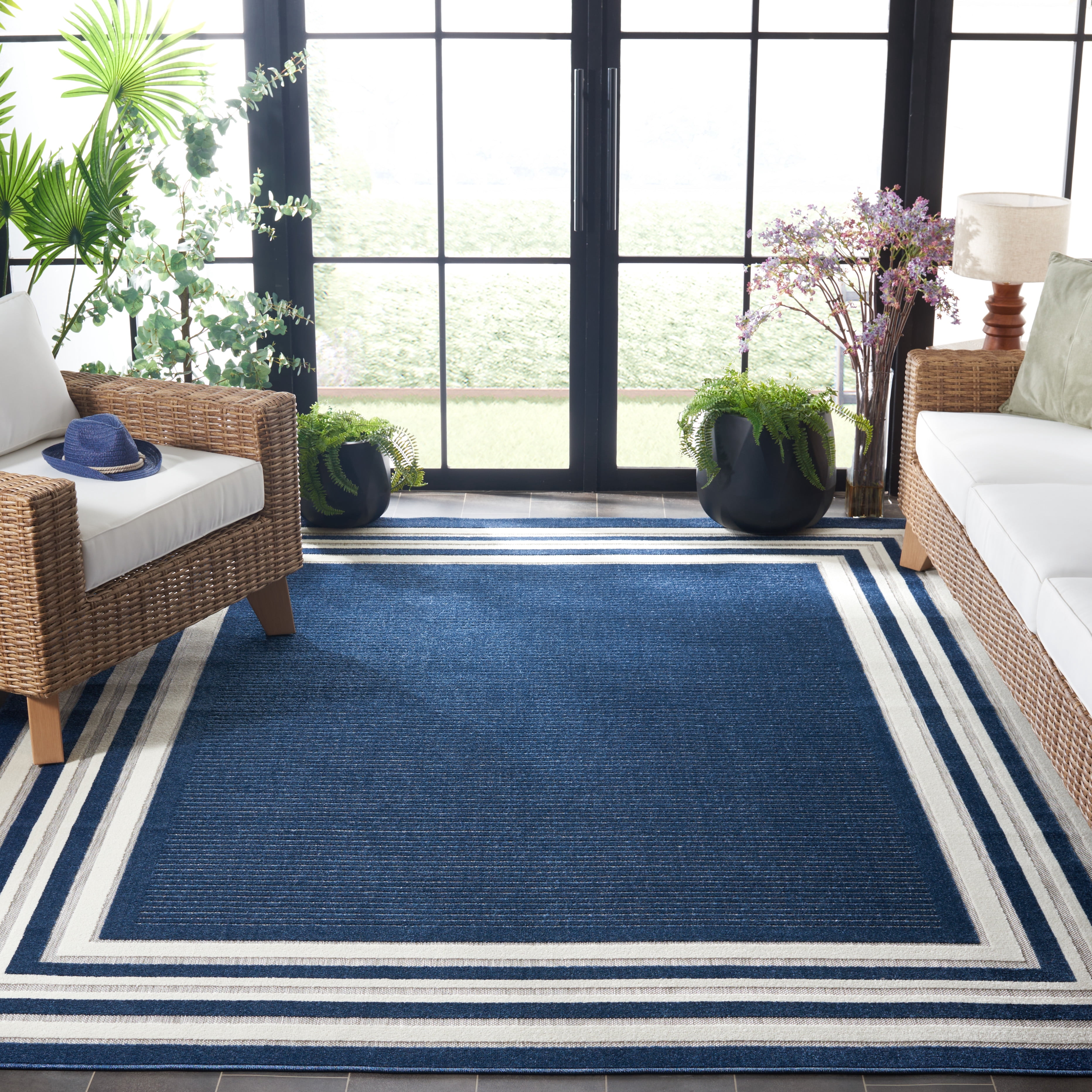 SAFAVIEH Cabana Henry Striped Indoor/Outdoor Area Rug, Blue/Ivory, 6'7" x 6'7" Square