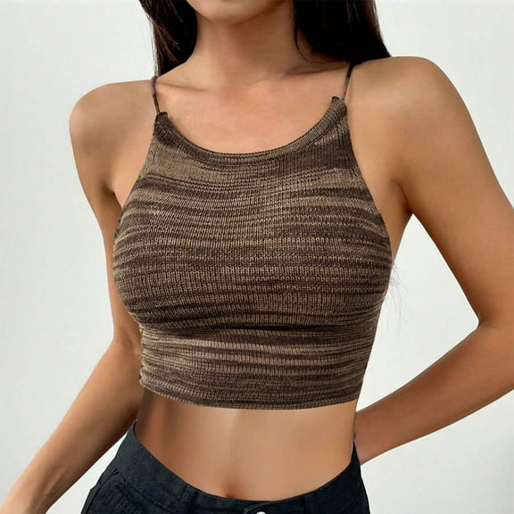HOMBOM Tank Tops for Women Brown Crop Camisole Solid Color Slim Sleeveless Strapless Halter Shirt