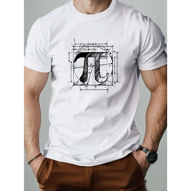 Men'S Summer Casual Crew Neck T-Shirt with Pi Pattern, 100% Cotton Knit Fabric, Slight Stretch, Regular Fit, Solid Color, 220g/m² - Perfect for Adult