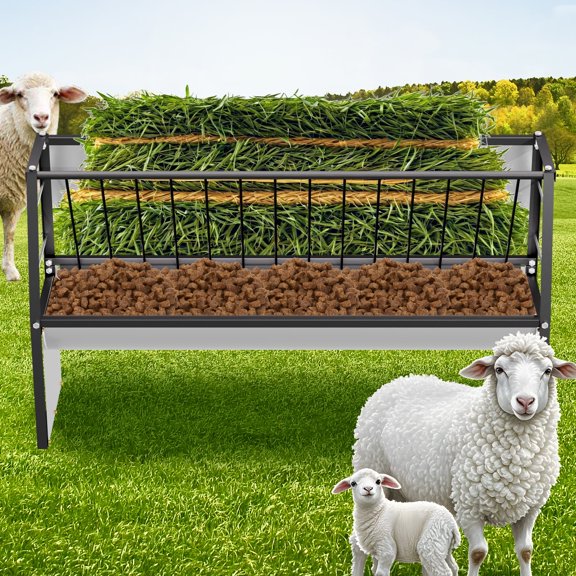 5-Feet Long Goat Hay Feeder, Galvanized Steel Livestock Goat Feeder, 60 Gallon Pasture Feeder for Horses, Deer, Calves, Cow, Ranches