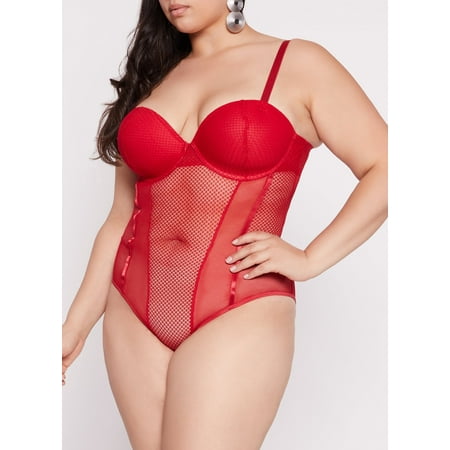Womens Plus Size Patterned Lace Detail Bustier Bodysuit