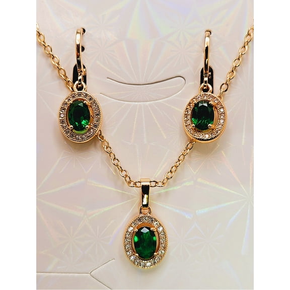 4Ct Oval Cut Simulated Green Emerald Women's Wedding Gift Mix Jewelry Set 14K Yellow Gold Plated 18"