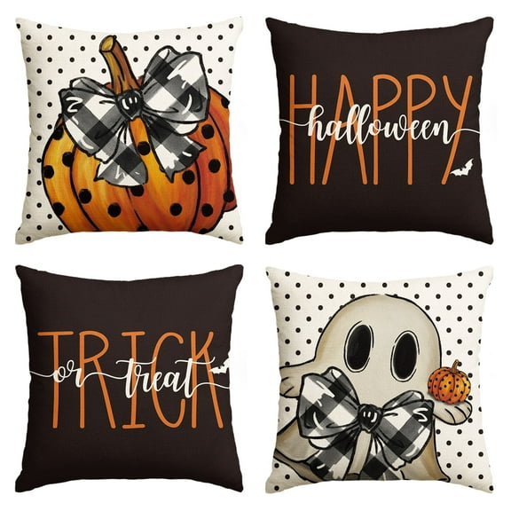 Sm:)e Polka Dot Pumpkin Trick or Treat Ghost Boo Spooky 18 x 18 Inch Halloween Pillow Covers Set of 4