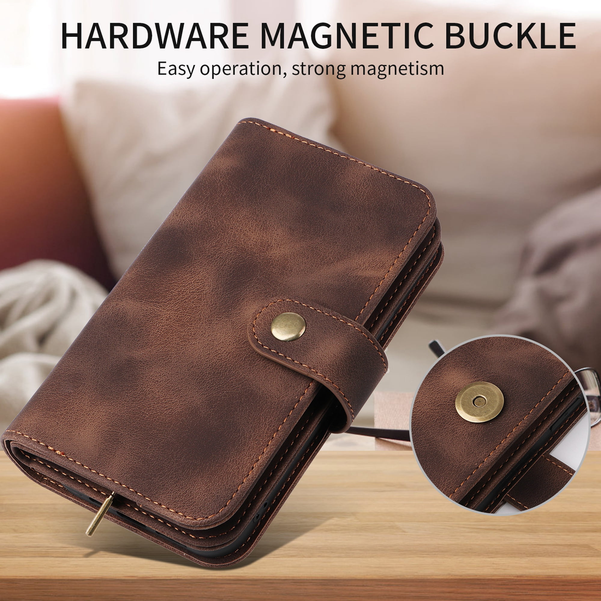 Dteck for Apple iPhone 14 Pro 6.1 inch Wallet Case for Women Men, Sturdy PU Leather Case Magnetic Flip Zipper 7 Cards Holder Wristlet & Shoulder Strap Kickstand Phone Case, Brown
