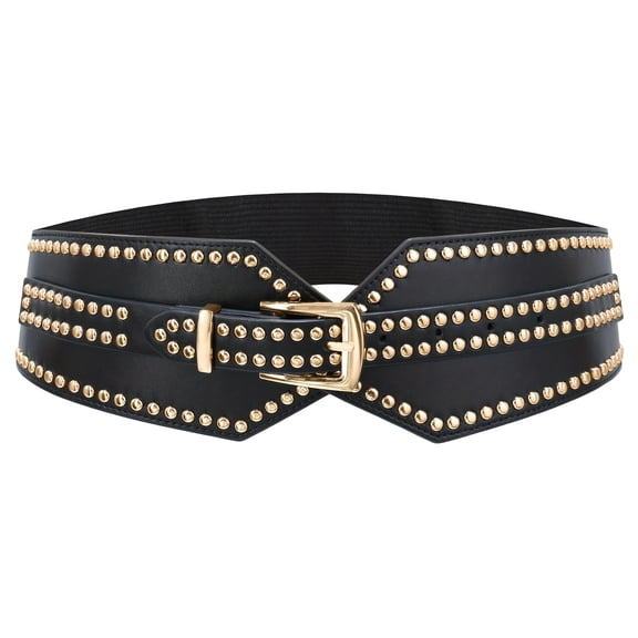 Women's Wide Stretch Punk Studded Belt - Thick stretch belt with gold buckle, made of non-washable synthetic material, perfect for parties.