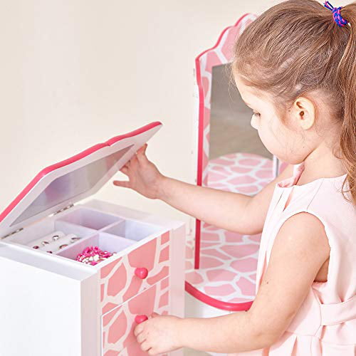 Teamson Kids Fashion Prints Jewelry Armoire with Mirror 1 piece for Kids Giraffe Baby Pink / White