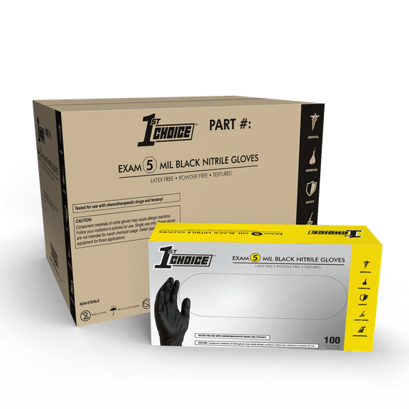 1st Choice 5mil Black Nitrile Exam Grade Chemo-Rated & Fentanyl Resistant Disposable Gloves, Large, 1000