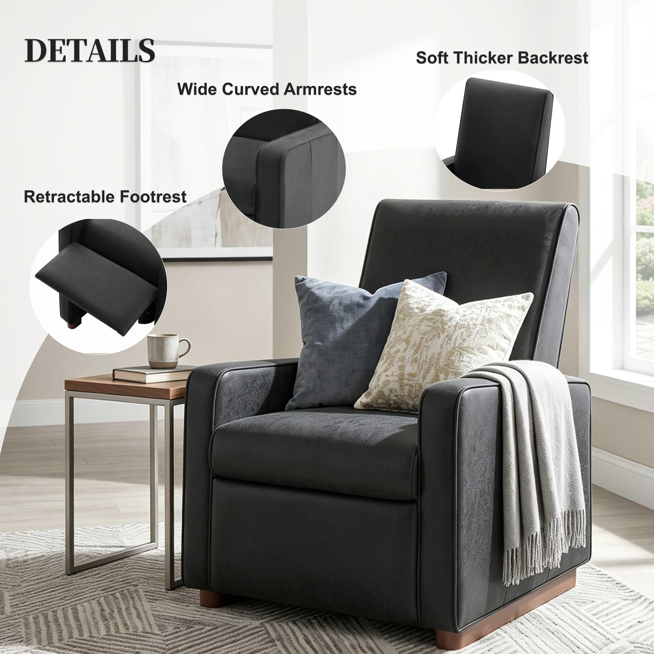 Christopher Knight Home Modern Manual PU Leather Recliner Chair, 2-Position Adjustable Back, Black