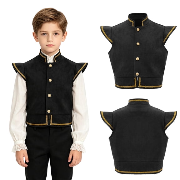 iiniim Boys Medieval Renaissance Faux Suede Vest Stand Collar Cap Sleeve Button Waistcoat for Halloween Cosplay Theme Party Black 14