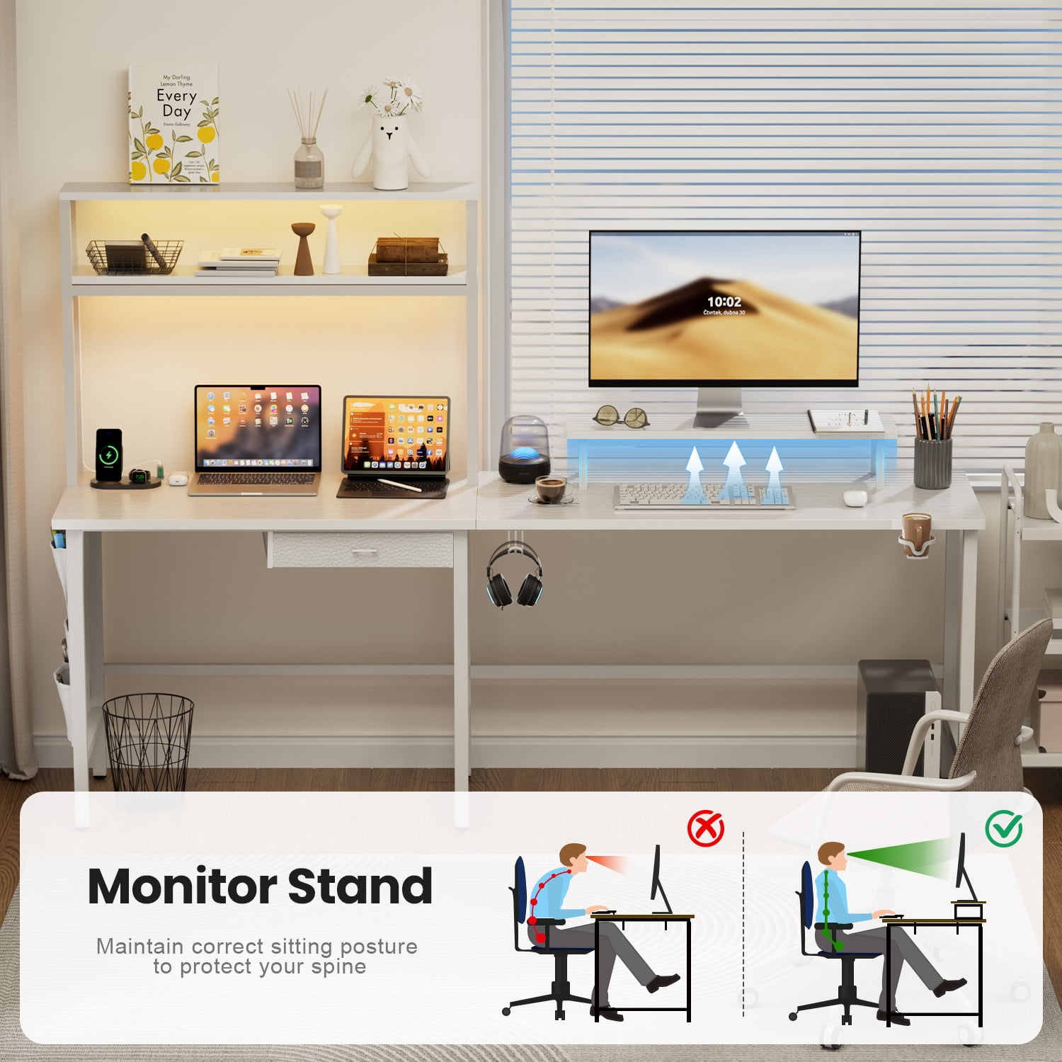 HLDIRECT L Shaped Gaming Desk with LED Light & Power Outlet, 59 Inch Reversible Corner Computer Desk with Storage Shelves & Drawer & Bag, Game Table with Hutch Monitor Stand, White