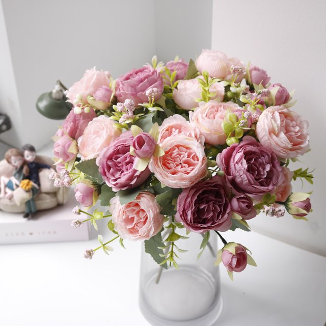 1 ramo de flores artificiales de rosa y peonía, flores blancas, ramo de peonía de seda utilizado para bodas, fiestas, arreglos florales para el centro de la mesa del comedor, decoración de la cocina